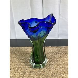 Vintage‎ Cavalier Blue And Green Swung Glass Vase 9.5”